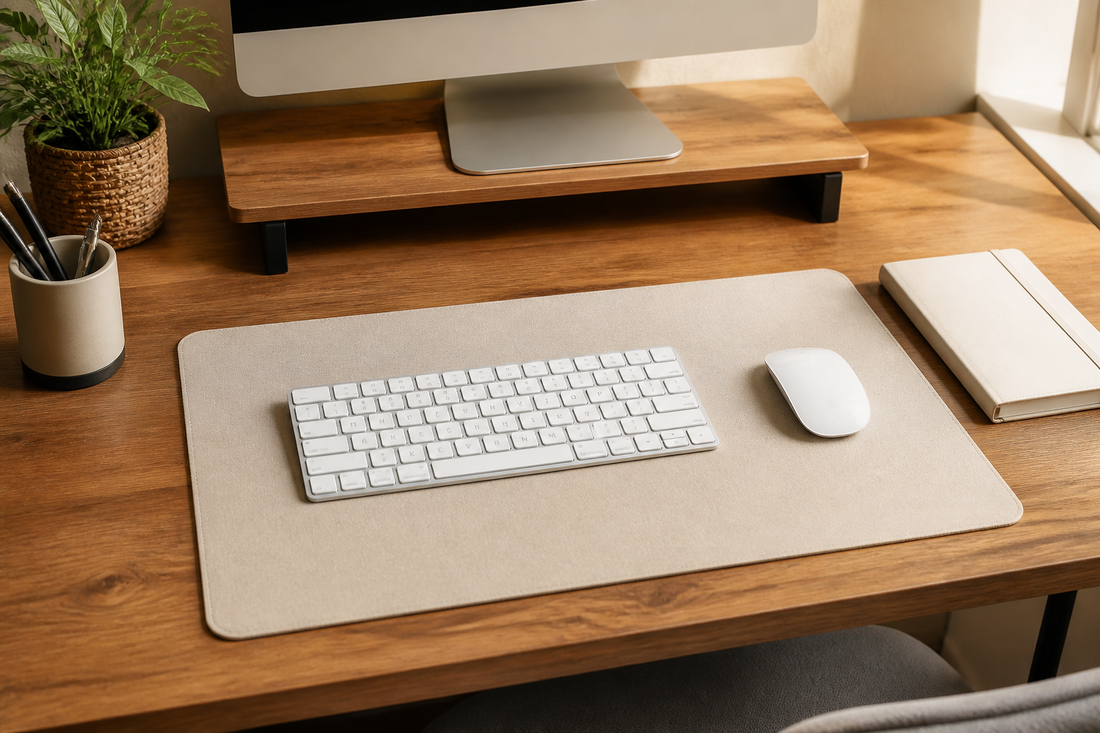 Desk mat sized for a keyboard and mouse while leaving room for a notebook and monitor stand