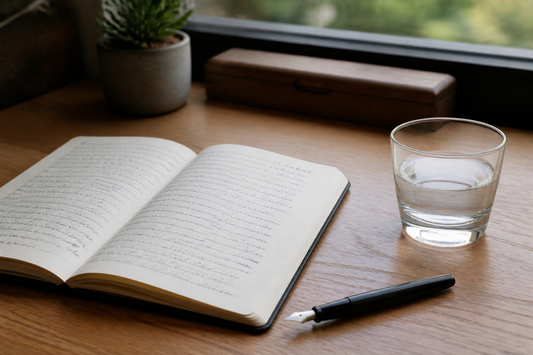 Fountain pen and handwritten notes beside a small glass of water on a desk