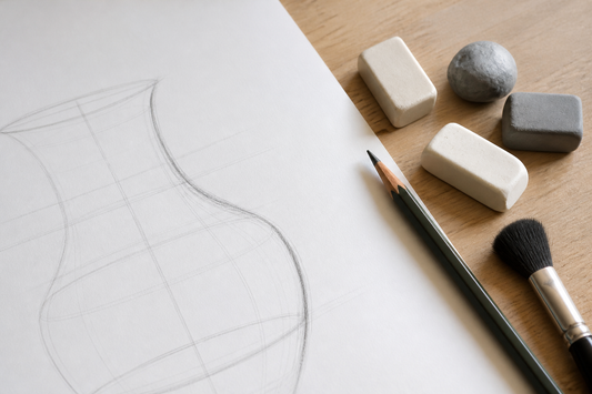 Pencil-marked paper prepared on a clean desk with several erasers, a pencil, and a soft brush