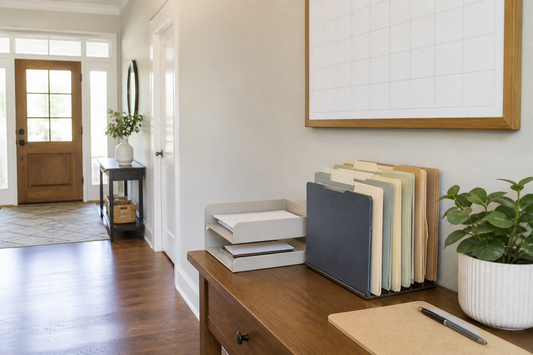 Practical home command center in an entryway with a wall calendar, paper inbox, labeled folders, and a small task area