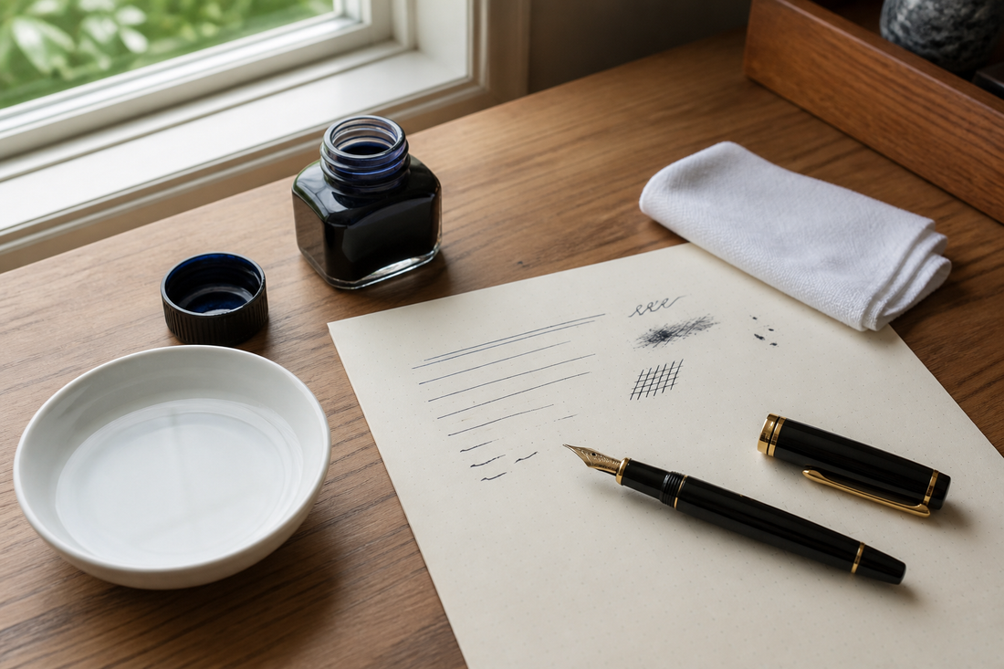 Fountain pen troubleshooting workspace with test paper, ink, water, and cleaning cloth