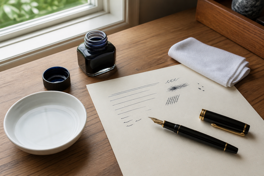 Fountain pen troubleshooting workspace with test paper, ink, water, and cleaning cloth