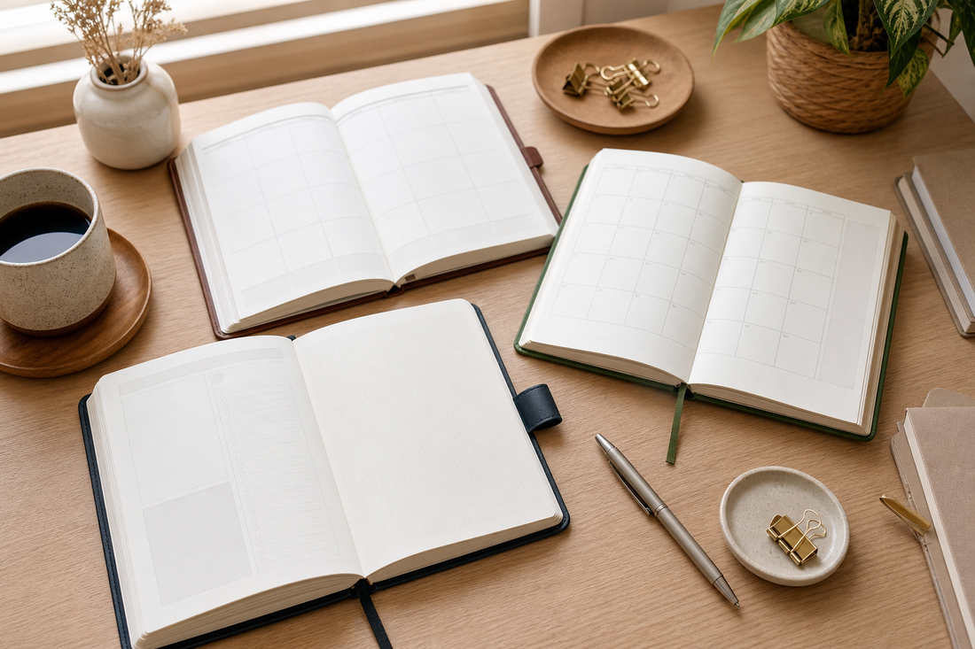 Open planner pages showing daily, weekly, and monthly layouts together on a tidy desk