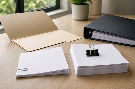 Paper clips and binder clips securing document groups of different thicknesses beside a folder and binder