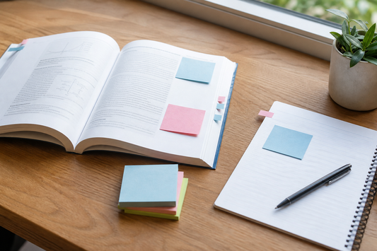 A practical sticky-note study setup with an open textbook, notebook, pen, and a few coordinated sticky-note colors
