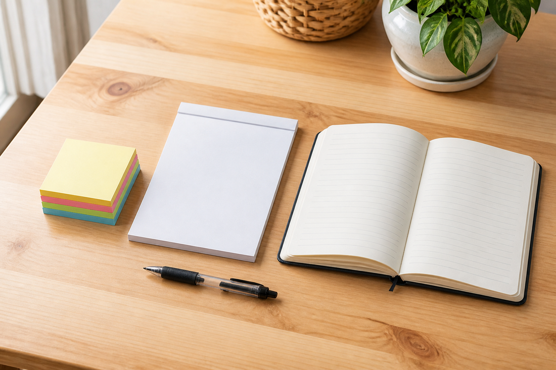 Sticky notes, a memo pad, and an open notebook arranged together on a tidy home workspace