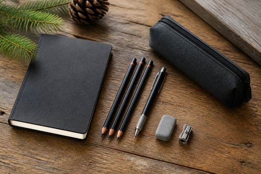 Compact portable sketching kit with a sketchbook, essential drawing tools, and organized storage on a travel surface
