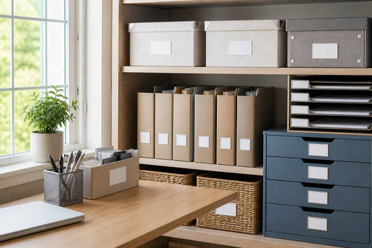 Organized home office with blank labels on storage boxes, file folders, drawers, and desk supplies