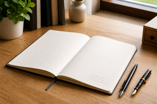 Open notebook with a clean writing page beside a ballpoint pen and fountain pen for comparing paper and ink compatibility