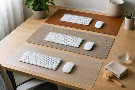 Leather, fabric, and PVC desk mats arranged in a clean workspace with gentle cleaning supplies