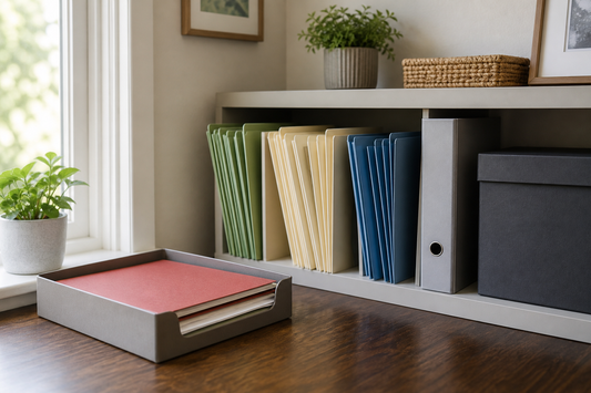 Simple home filing system with separate folders for current papers, household records, and long-term documents