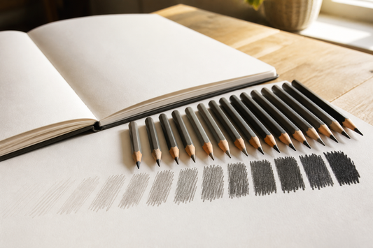 Graphite pencils arranged from hard light-marking grades to soft dark-marking grades beside tonal swatches