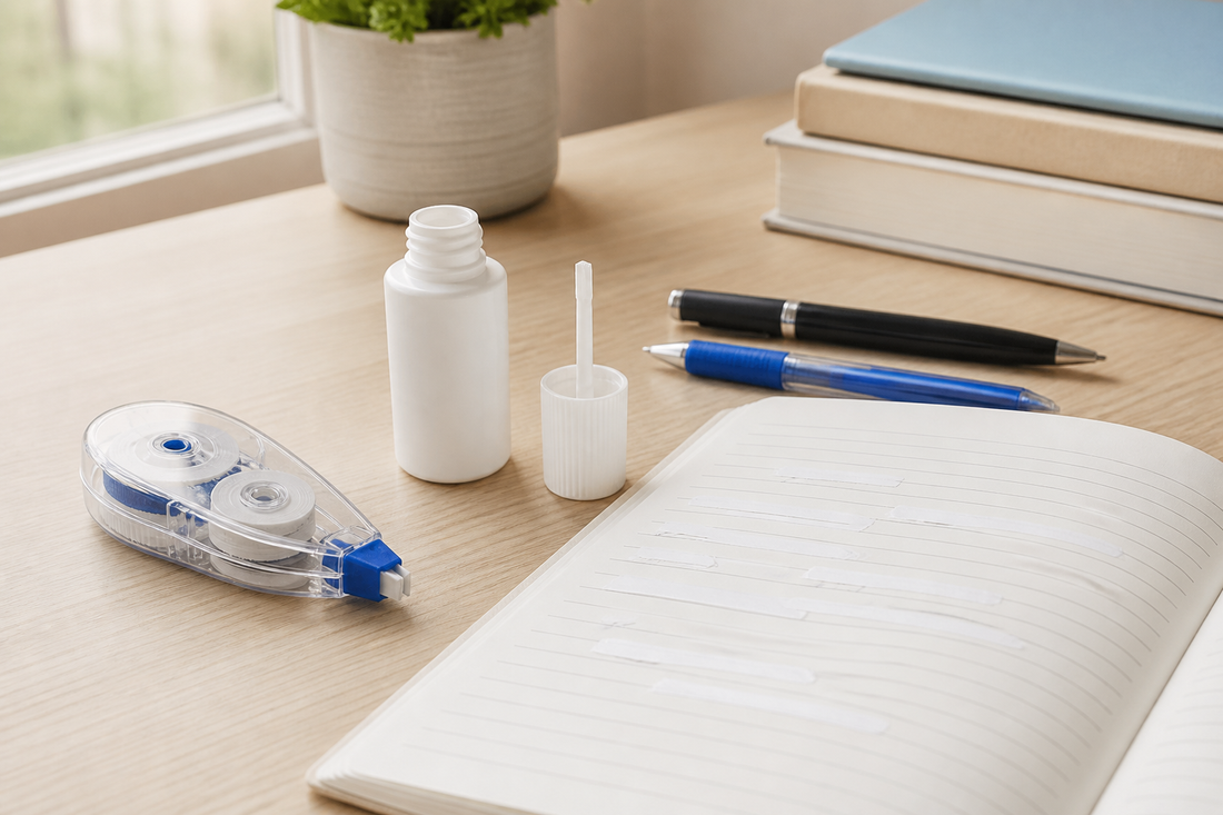 Correction tape and correction fluid beside pens and an open notebook with covered writing mistakes