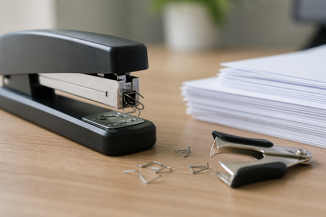 Jammed desktop stapler with a partially attached staple, uneven paper stack, loose staples, and a staple remover on a desk