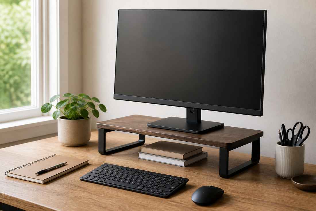 Monitor positioned on a simple stand with comfortable height and open desk space beneath