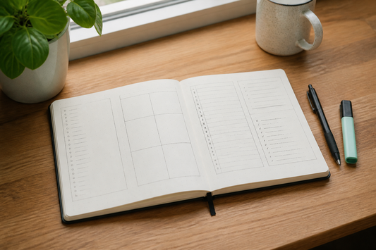 Open beginner bullet journal showing simple index, future planning, monthly, and daily pages with basic writing supplies
