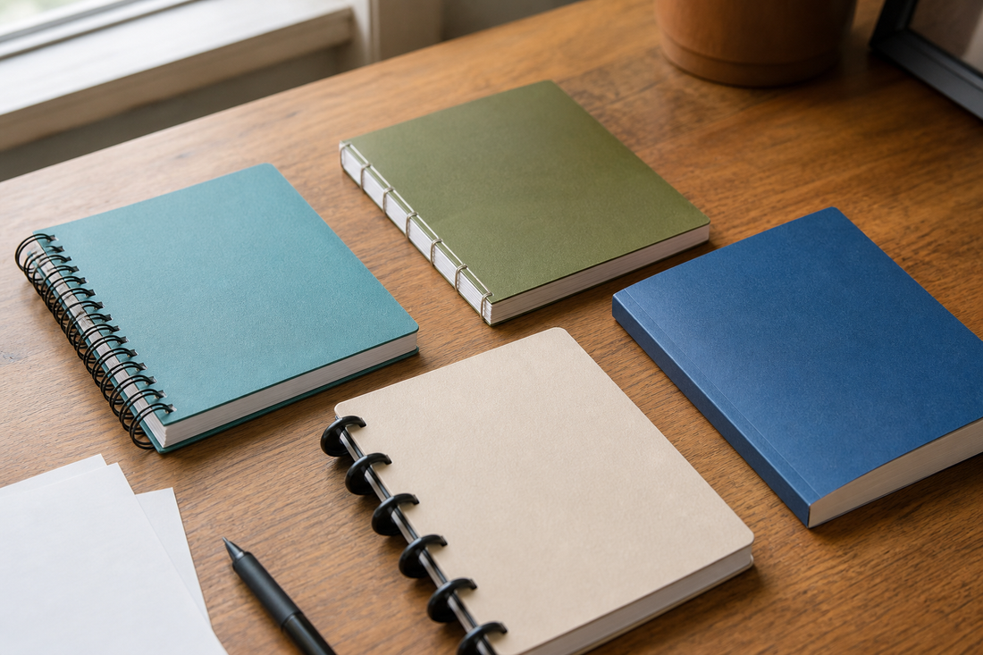 Four notebook binding styles arranged together: spiral, sewn, perfect-bound, and disc-bound