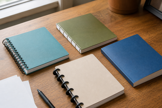 Four notebook binding styles arranged together: spiral, sewn, perfect-bound, and disc-bound