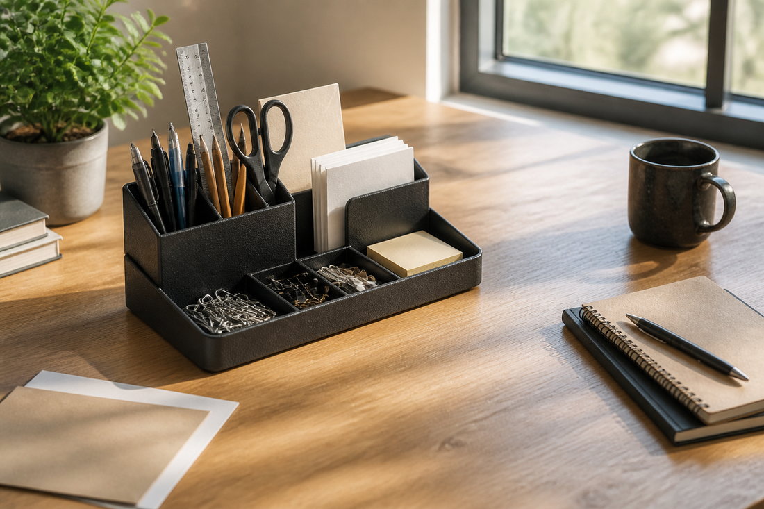 Desk organizer arranged with writing tools, papers, and everyday accessories in separate sections