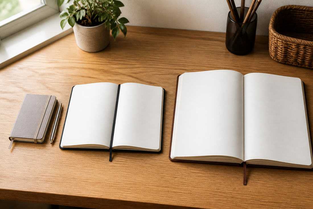Compact, medium, and large notebooks arranged together to compare their different formats