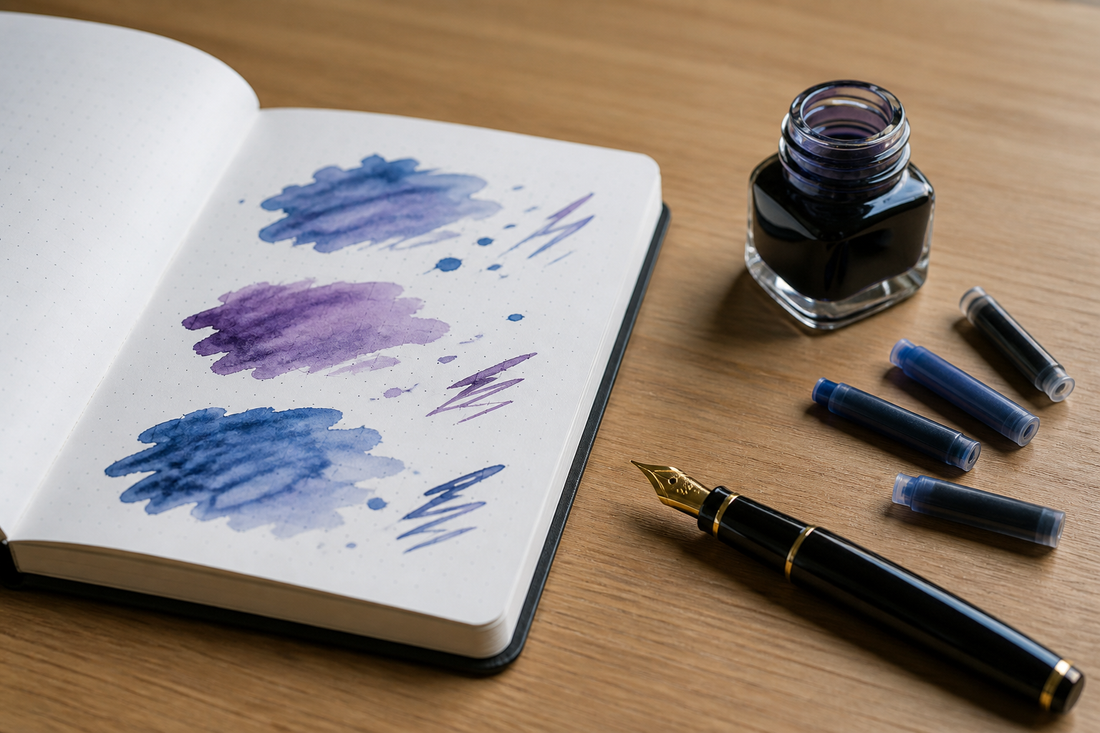 Fountain pen, ink bottle, cartridges, and notebook arranged for comparing fountain pen ink