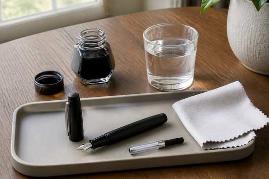 Fountain pen maintenance setup with a fountain pen, ink bottle, water cup, absorbent cloth, converter, and protective tray