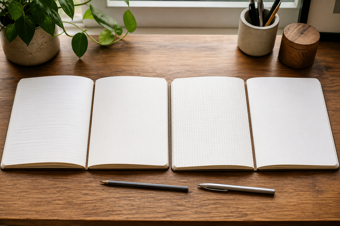 Four open notebook pages displaying lined, dot grid, graph, and blank paper side by side