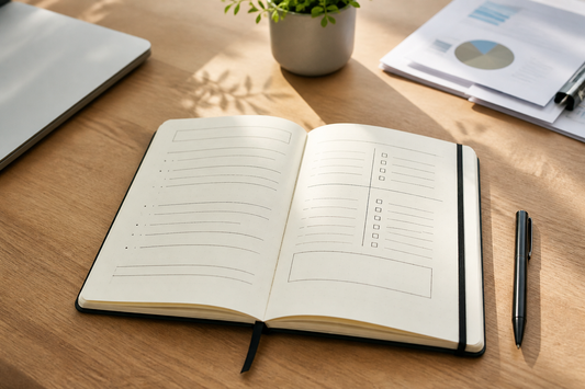 Open notebook with a structured meeting notes layout, action checkboxes, and a pen on a professional desk