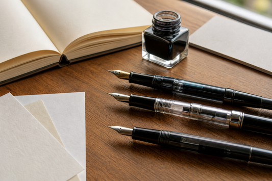 Several fountain pens with different nib widths arranged beside notebooks, ink, and smooth and absorbent paper