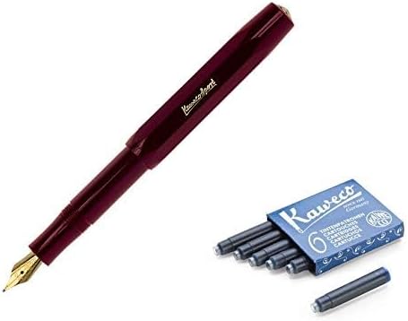 Kaweco Classic Sport Fine Nib Fountain Pen + Pack of 6 Blue Ink Cartridges Set (Burgundy)