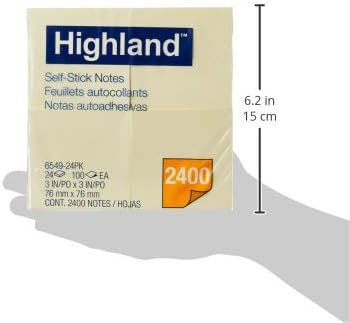 Highland Sticky Notes, 3 x 3 Inches, Yellow, 24 Pads/Pack, 8 Packs Total