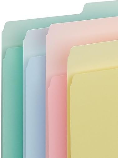 Staples File Folder, Letter Size, 1/3‑Cut Tabs, Assorted Pastel Colors, Durable Paper Stock, 200/Carton