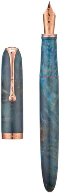 HONG DIAN A10 Stabilized Wood Fountain Pen, Fine Nib Chinese Knot Carving Handcraft Pen with Magnetic Cap and Metal Box Set (Galaxy Blue)