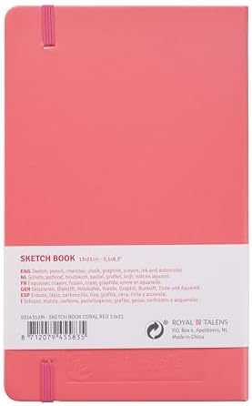 Talens Art Creation Sketchbook, Coral Red, 80 Sheets, 5.1 x 8.3 in | Hard-Bound Pocket Notebook, 140 GSM/94 lbs Paper, Acid-Free Cream Blank Paper, Ribbon Bookmark, and Elastic Closure