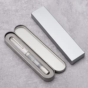 HONG DIAN N8 White Acrylic Resin Fountain Pen, Iridium Extra Fine Nib Silver Plated Feather Carving Cap Smooth Writing Pen with Converter and Metal Pen Box Set