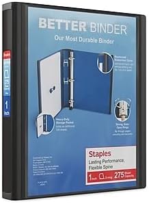 Staples Better Binder, 1" Heavy‑Duty D‑Ring Binder, Black, Reinforced Spine, Holds 275 Sheets, Reliable 3‑Ring Binder for School, Office, Projects, 3‑Pack