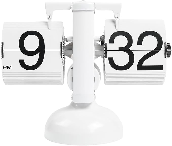 mooas Flip Desk Clock (White), Retro Vintage Design Auto Flip Table Clock | Large Number Battery Powered Internal Gear Operated Home Decor Ideal for Home Office School Hotel Cafe