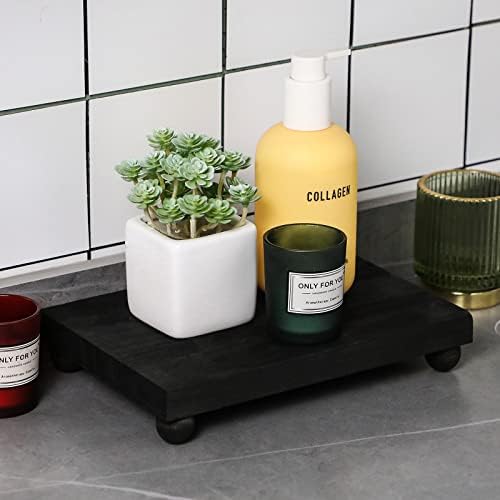 Amyhill Wood Pedestal Stand Kitchen Soap Tray Farmhouse Wooden Riser Stand for Kitchen Bathroom Counter Table Decor Plant Vases Display(Classic,Black,12 x 7 Inch)