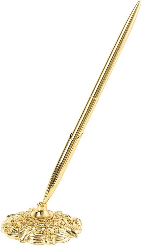 lasenersm 1 Piece Pen Holder Hollow Round Pen Holder Signing Pen Set Pen Stand Guest Sign In Pen and Pen Stand Set Wedding Signing Pen Set Wedding Guest Book Pen with Stand, Golden