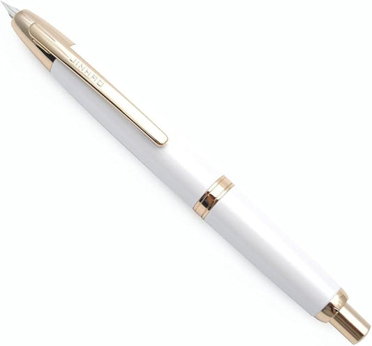 JINHAO 10 Press Fountain Pen, Retractable Metal Pen with Ink Converter (F Nib 0.5mm, Pearl White – Golden Clip)