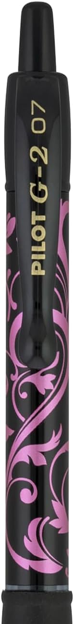 PILOT G2 Premium Gel Roller Pens, Fine Point 0.7 mm, Black Ink, Fashion Collection, Pink Floral Design, Pack of 6