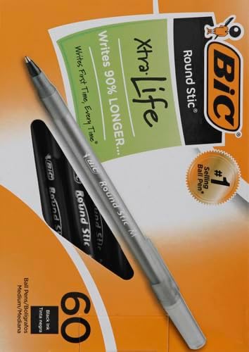 BIC Round Stic Xtra Life Ballpoint Pens, Medium Point (1.0mm), Black, 60-Count Pack, Flexible Round Barrel For Writing Comfort (GSM609-BLK) 60 Count (Pack of 2)