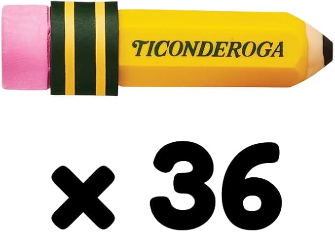 Ticonderoga Pencil Shaped Erasers, 3 Erasers/Pack, 12 Packs | Yellow, 0.75" x 2.875", #38953