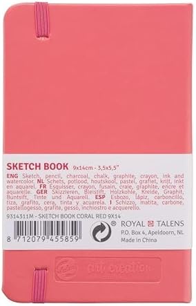 Talens Art Creation Sketchbook, Coral Red, 80 Sheets, 3.5 x 5.5 in | Hard-Bound Pocket Notebook, 140 GSM/94 lbs Paper, Acid-Free Cream Blank Paper, Ribbon Bookmark, and Elastic Closure