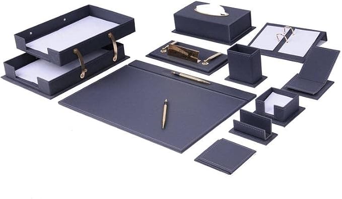 Desk Organizers - Desk Accessories - Leather Desk Organizer - Bonded Leather Desk Set - Home Office Accessories - Desk Supplies - Leather Desk Set - Office Accessories - 14 PCS (Gray)