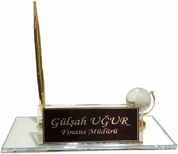 MOOGCO Custom Desk Name Plate : Black Glass Desk Name Plate with Clock, Pen Holder with 2 Pens, Cardholder - Desktop Nameplate, Desk Organizer (Glass With Globe)