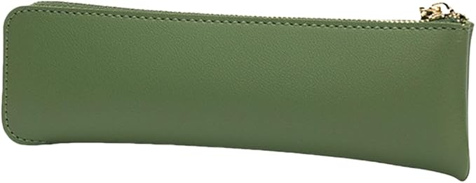 Faux Leather Pencil Case Slim Pencil Pouch Durable Zipper Stationery Bag Small Travel Use（Green/FL）
