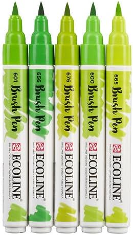 Ecoline Brush Pen Set of 5 Liquid Watercolor Pens – Green Shades | Blendable Brush Markers for Hand Lettering, Drawing, & Crafts