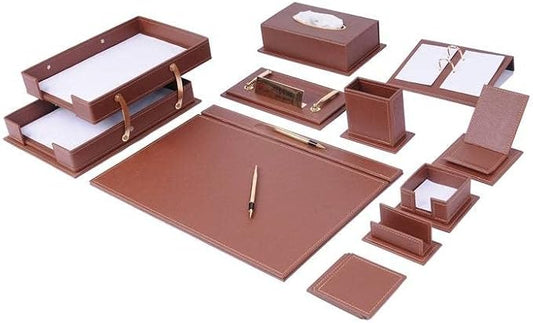 Desk Organizers - Desk Accessories - Leather Desk Organizer - Bonded Leather Desk Set - Home Office Accessories - Desk Supplies - Leather Desk Set - Office Accessories - 14 PCS (TAN)