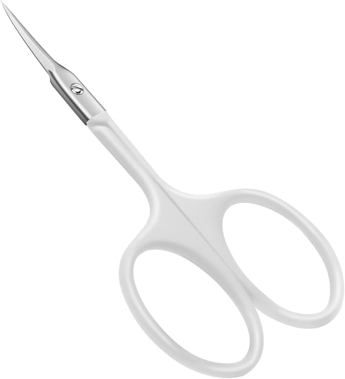 CGBE Cuticle Scissors, Extra Fine Curved Eyebrow Scissors, White | Stainless Steel, Round Handle, Precise Pointed Tip, Hangnail And Dry Skin Trimming, Russian Manicure Care